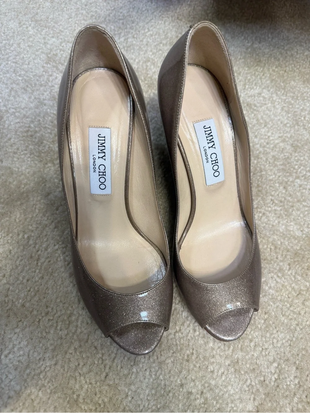 Jimmy Choo Shimmering Metallic Taupe/Brown Peep-Toe Wedge Pumps